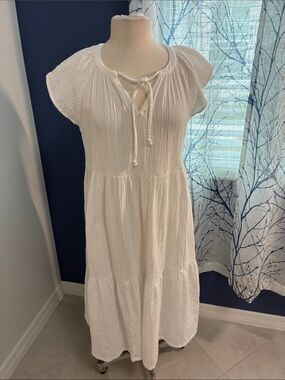 Waverly White Tiered Cotton Gauze Dress with Tie Neck